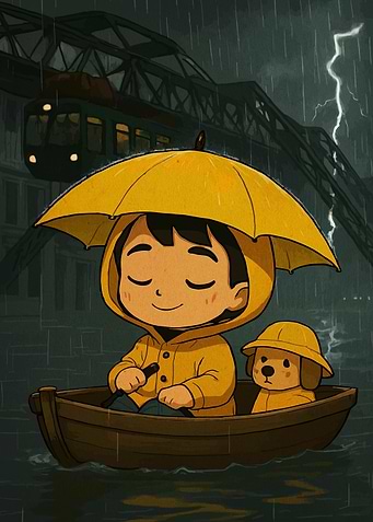 Boy and Dog in Rainy Boat Ride