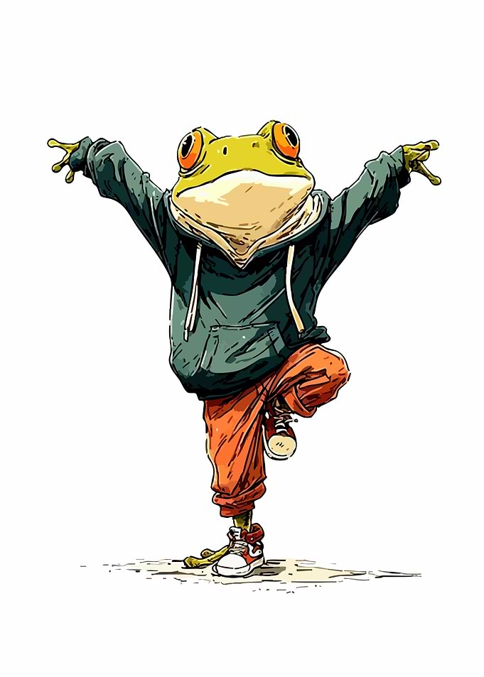 Frog in Hoodie Balancing on One Leg