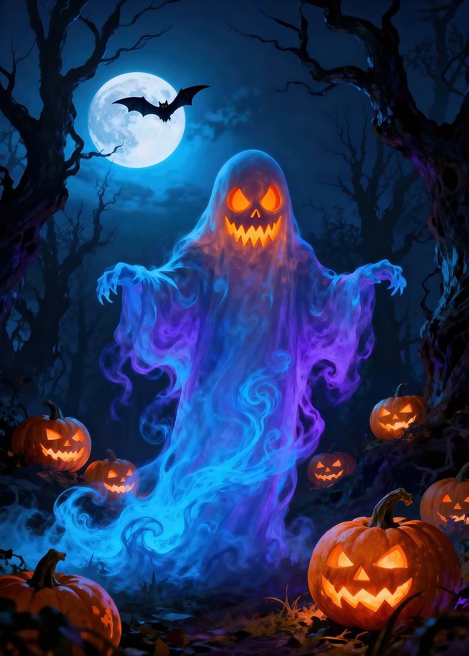 Halloween Ghost and Pumpkins in Moonlight