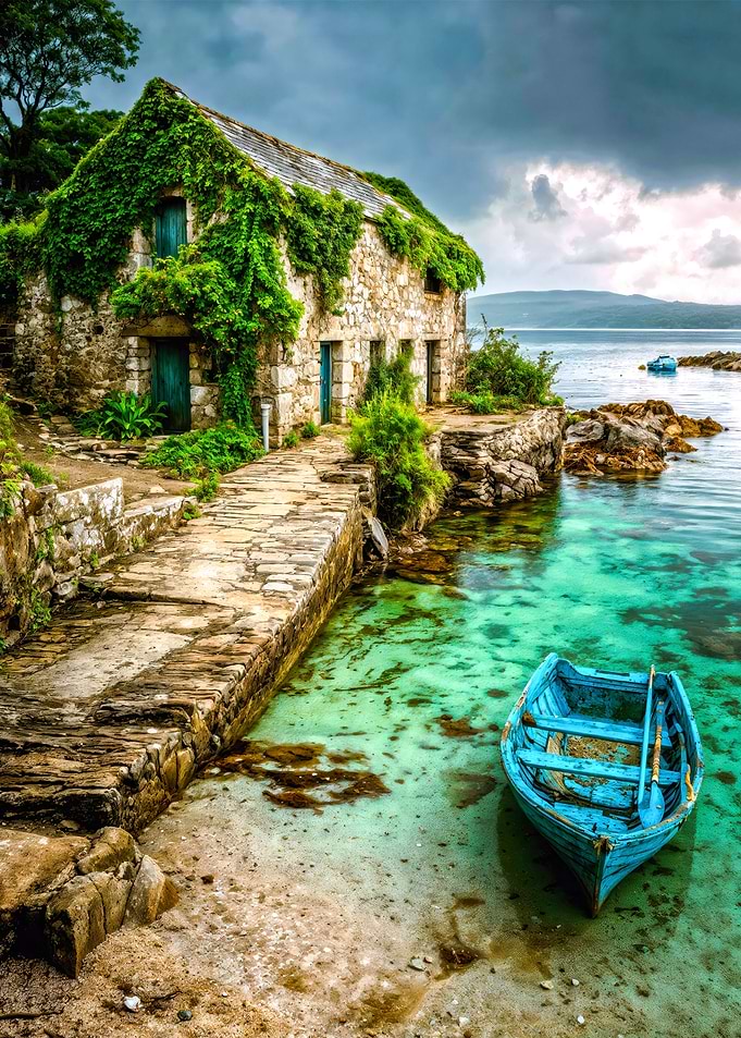 Coastal Stone House with Boat, Turquoise Water