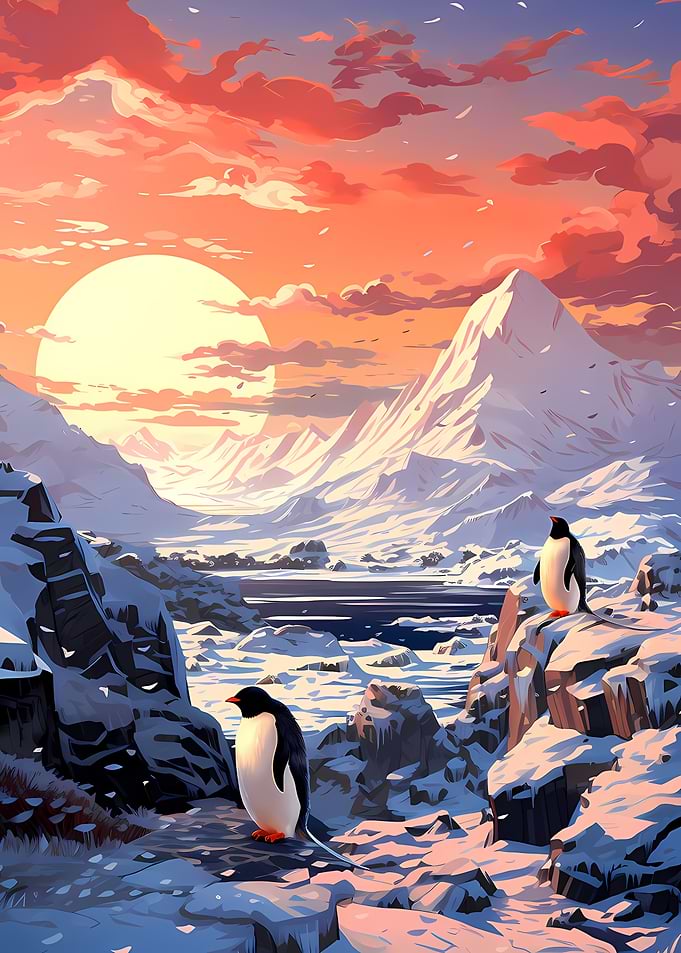 Penguins in Snowy Mountain Landscape