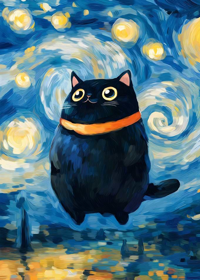 Starry Night black chubby Cat Art
