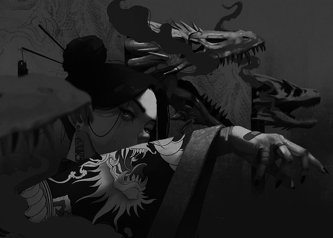 Geisha with Dragon Tattoo and Dragons