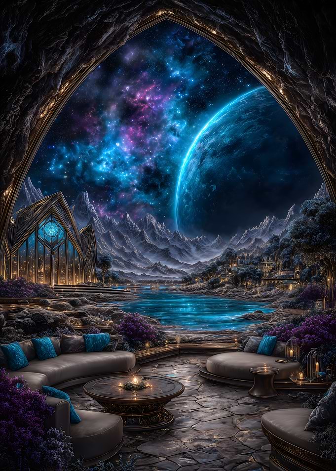 Fantasy cave with cosmic view