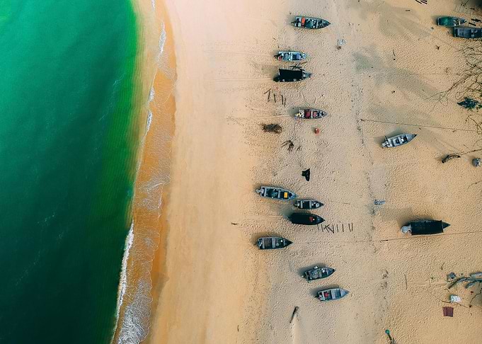 Aerial view of boats on beach
