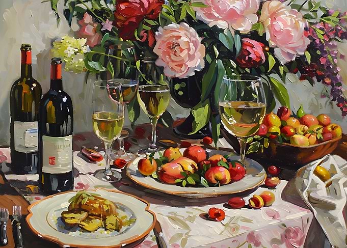 Still Life with Wine, Flowers, and Fruit