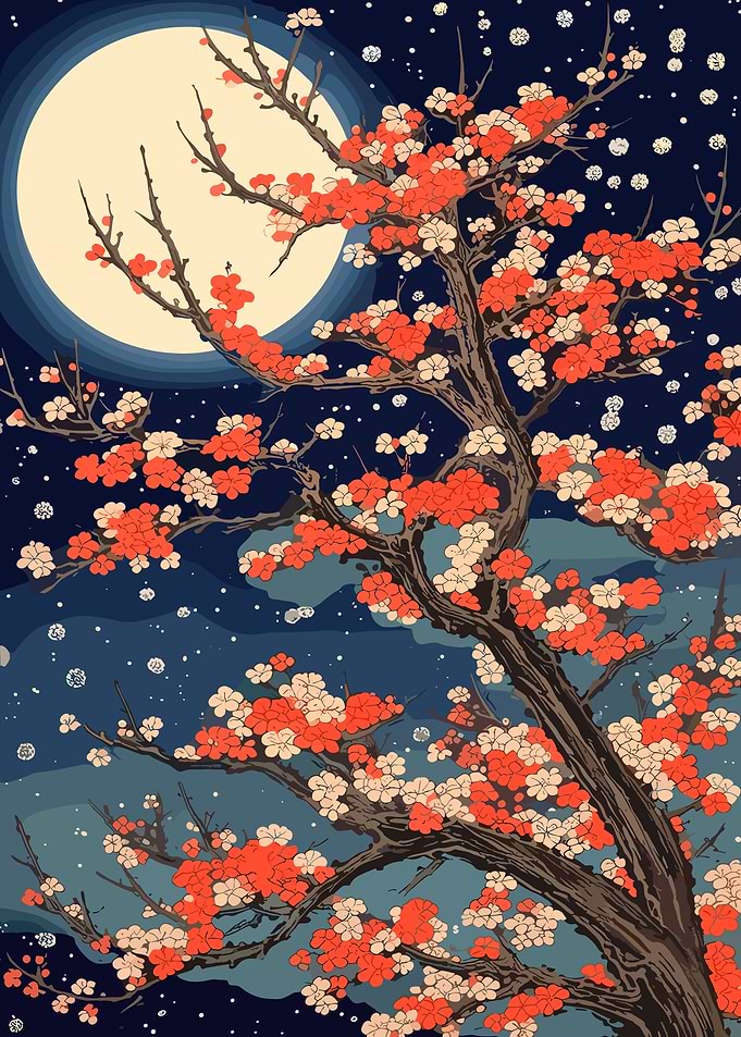 Cherry Blossom Tree Under Full Moon