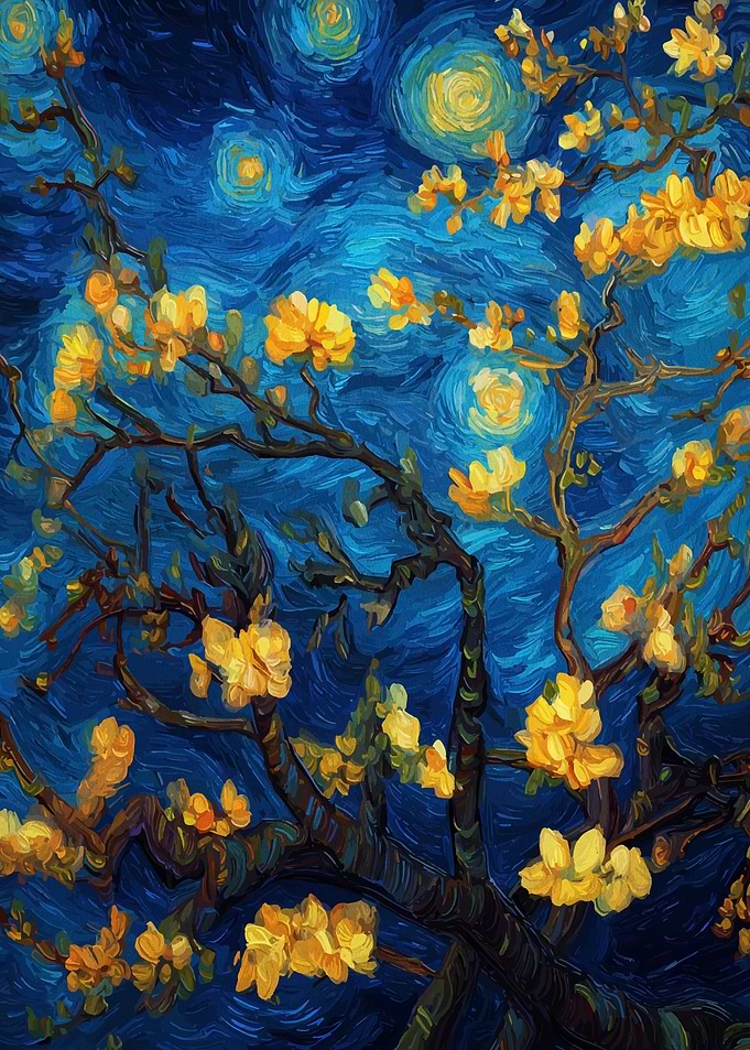 Blossoming Tree Under Starry Night