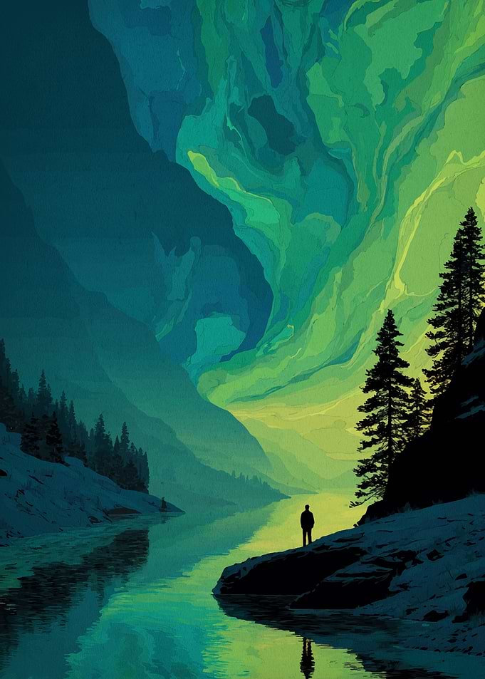 Lakeside Silhouette Under Aurora Borealis