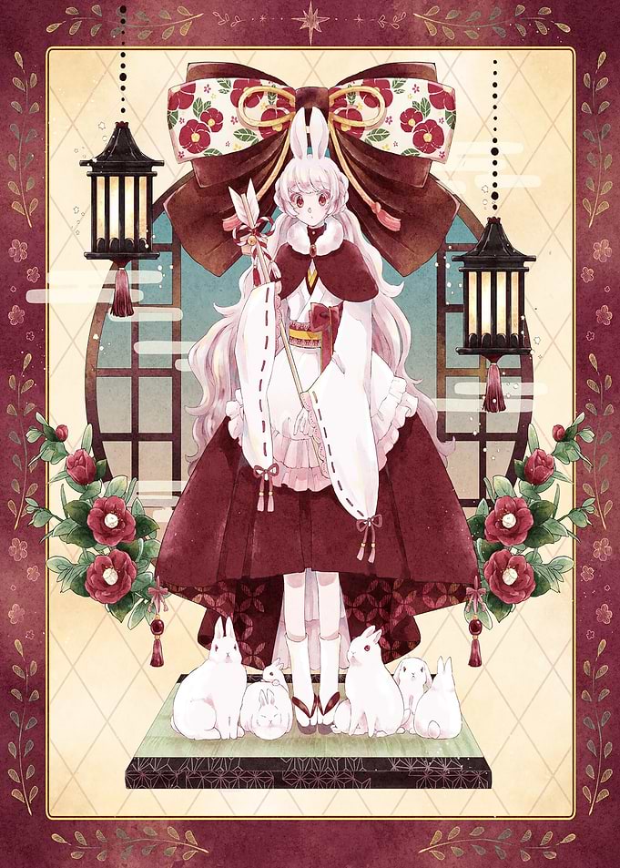 Rabbit Girl with Lanterns and Rabbits
