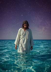 Jesus walking on water at night