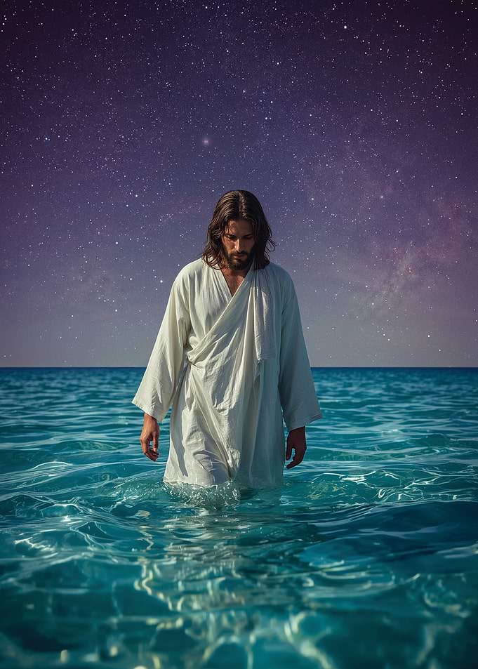 Jesus walking on water at night