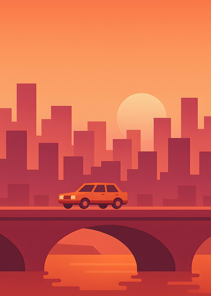 Cityscape Sunset Car Ride Illustration