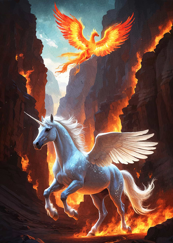 Unicorn and Phoenix Fiery Landscape