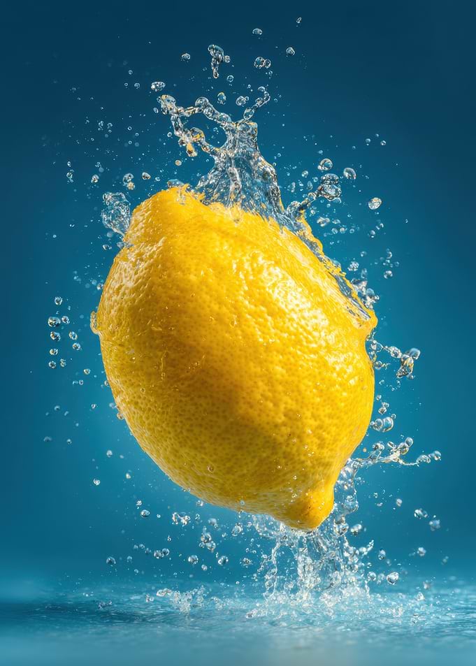Lemon Splash on Blue Background