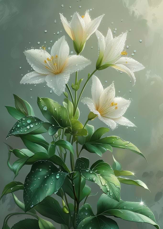 White Lilies with Dew Drops