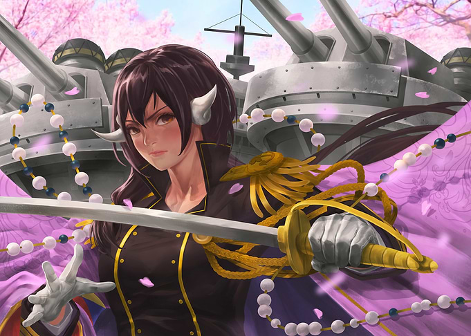 Girl with Sword and Ship Background