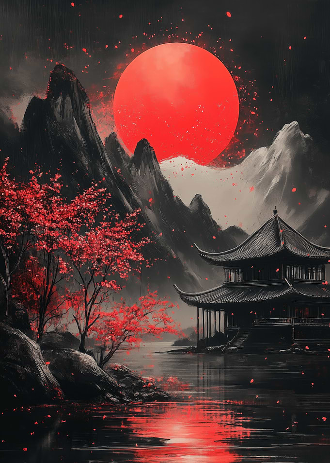Japanese Landscape with Red Moon