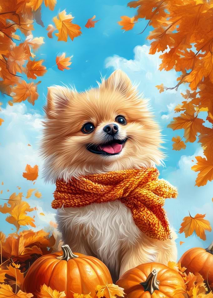 Autumn Pomeranian with Scarf and Pumpkins | Cozy Fall Dog Print
