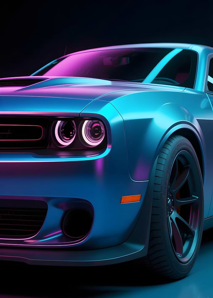 Close-up of Blue Muscle Car with Dramatic Neon Lighting