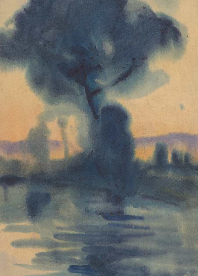 Blue Watercolor Landscape Painting