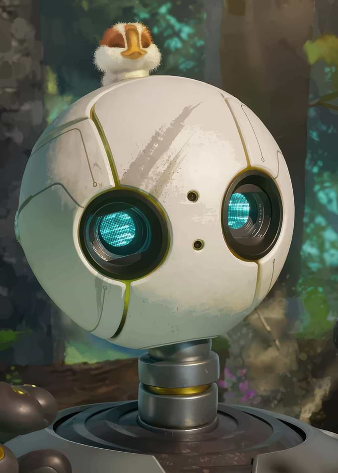 Robot with Bird in Forest