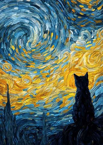Starry Night Cat Art