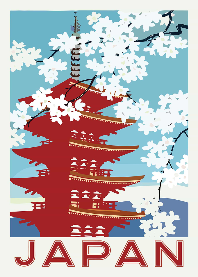 Japan Pagoda Cherry Blossom Travel Poster