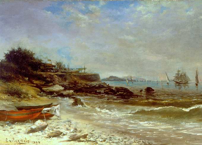 Coastal Seascape Painting with Boats and Ships