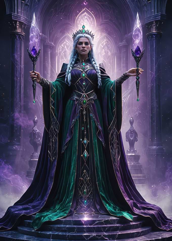 Regal Sorceress — Emerald & Amethyst Queen of the Arcane Throne