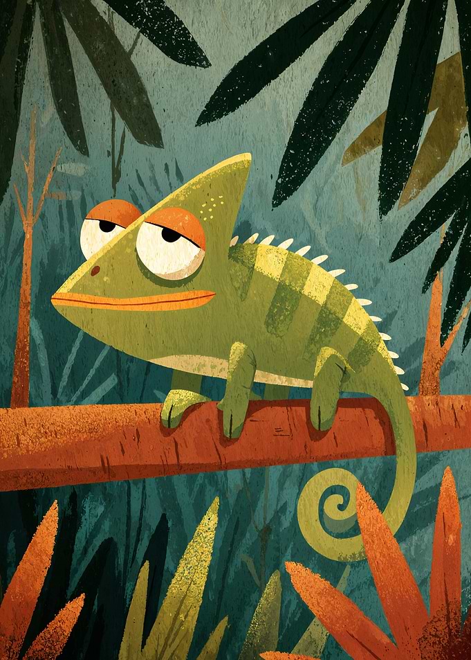 Cartoon Chameleon on Branch