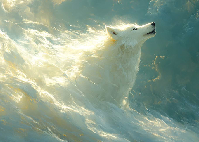 White Wolf Howling in Cloudy Sky