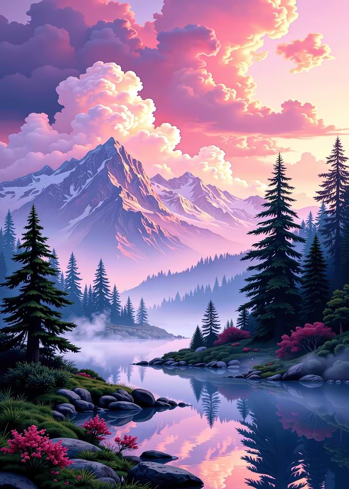 Mountains at Lake by Sunset Nature