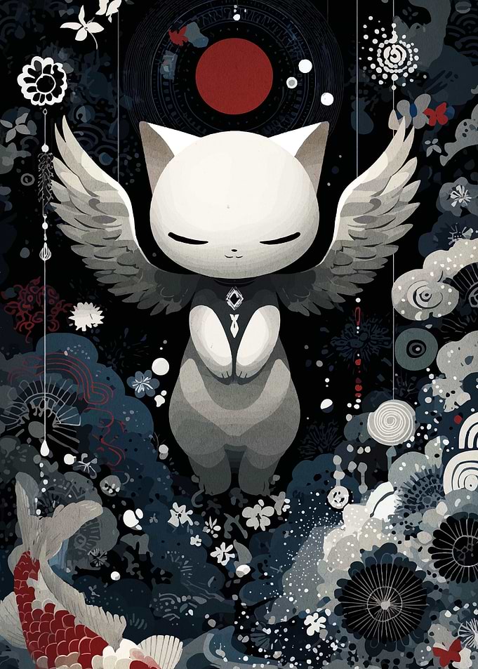 Winged Cat in Japanese Art Style
