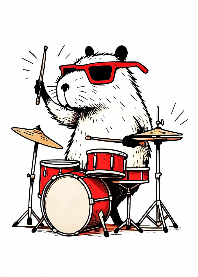Capybara Drummer with Red Sunglasses