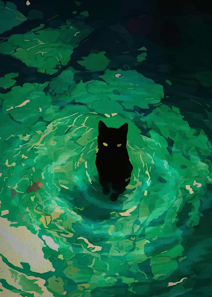 Black Cat in Green Water Painting