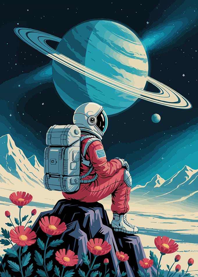 Astronaut on a mountain with flowers