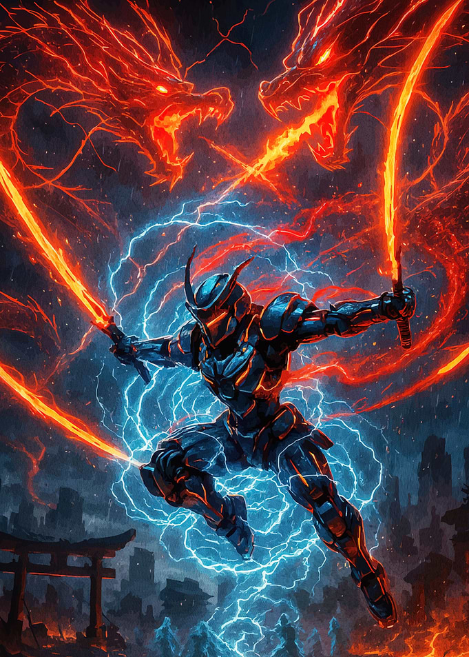Cyberpunk Samurai Fiery Dragons