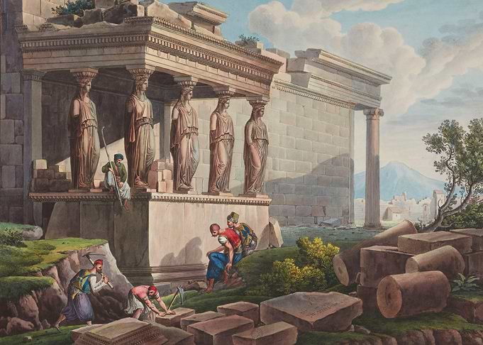 Ancient Greek Temple with Workers Painting