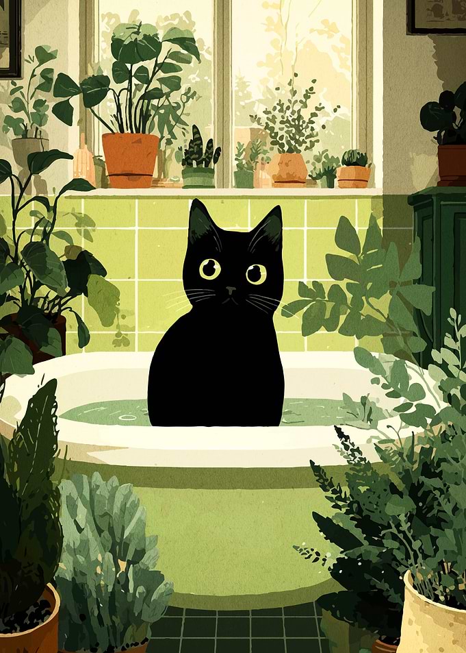 Black cat in a bathtub with plants