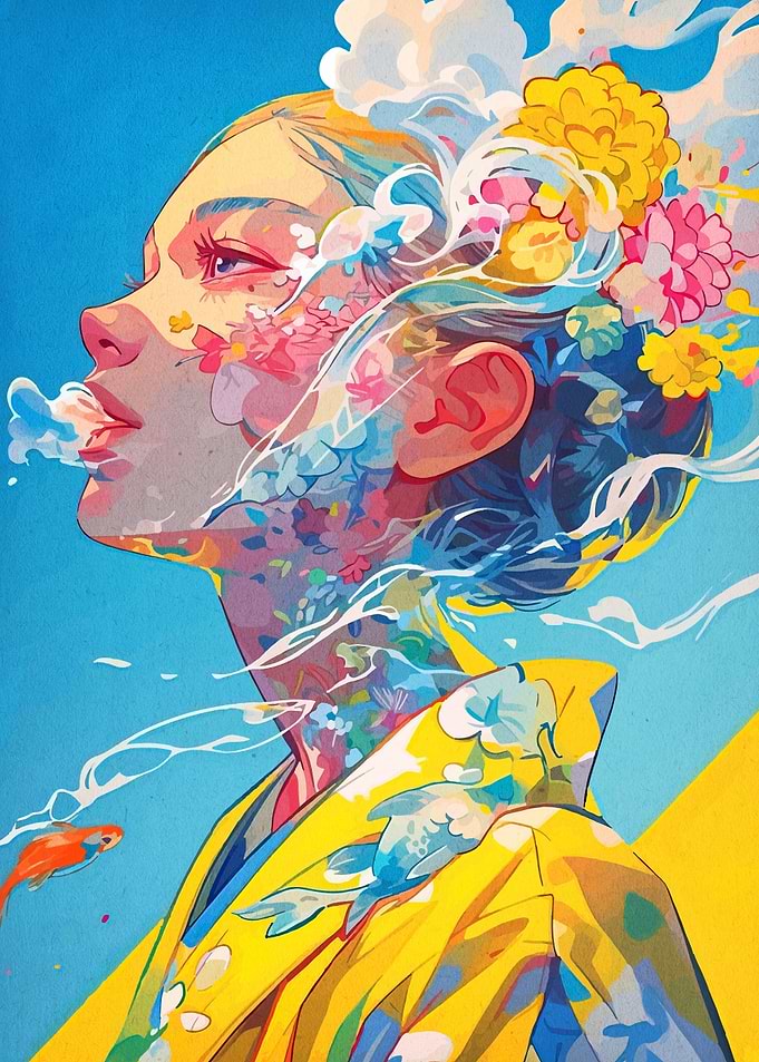 Floral Woman Portrait in Blue and Yellow