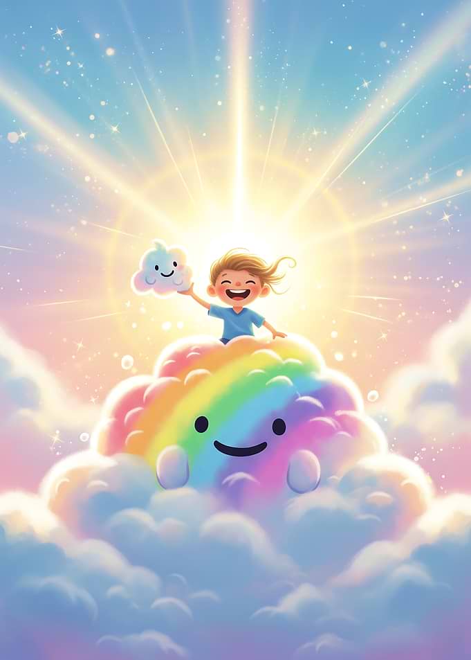 Child on Rainbow Cloud with Smiling Cloud