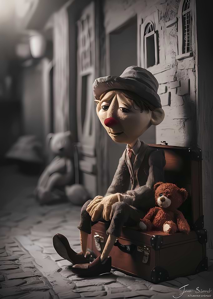 Sad Clown Doll with Teddy Bear