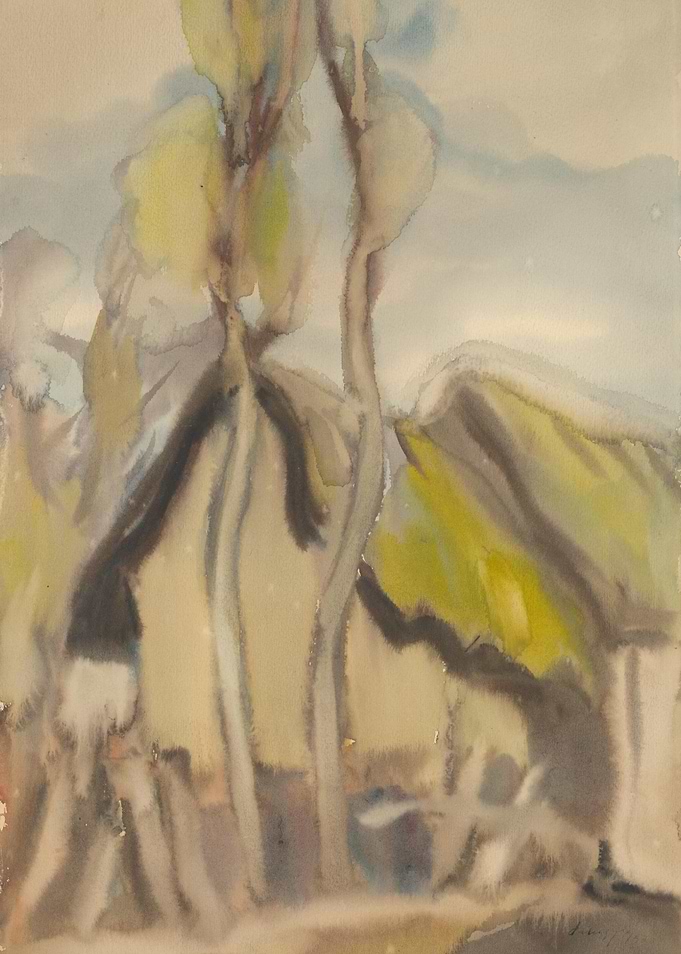 Watercolor Landscape with Trees and Sky
