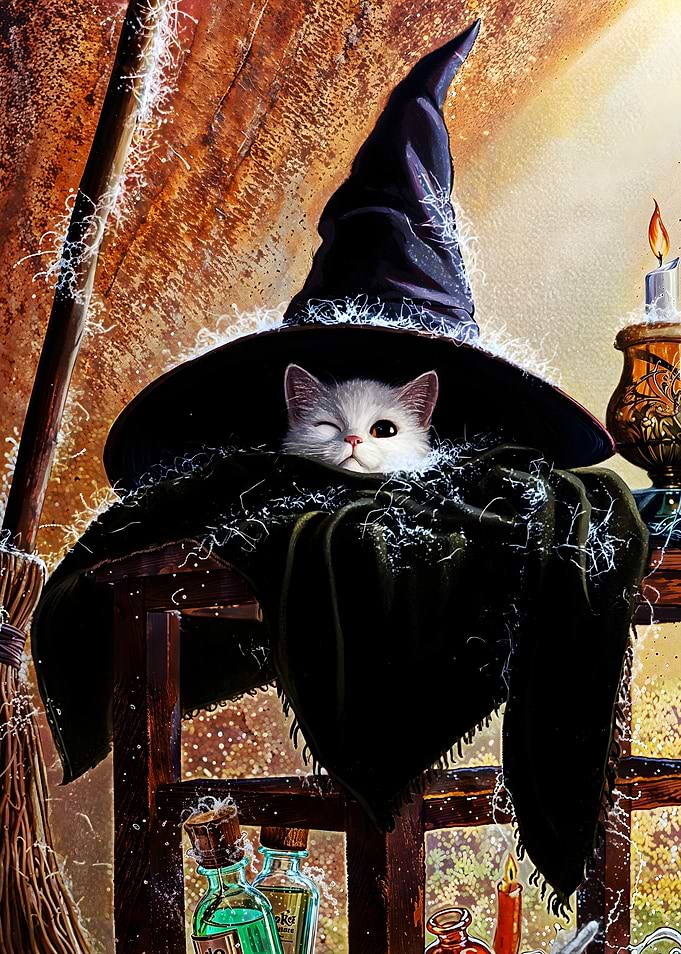 This is why witches prefer black cats - Moonlight Familiar - White Winking Cat Under Witch Hat