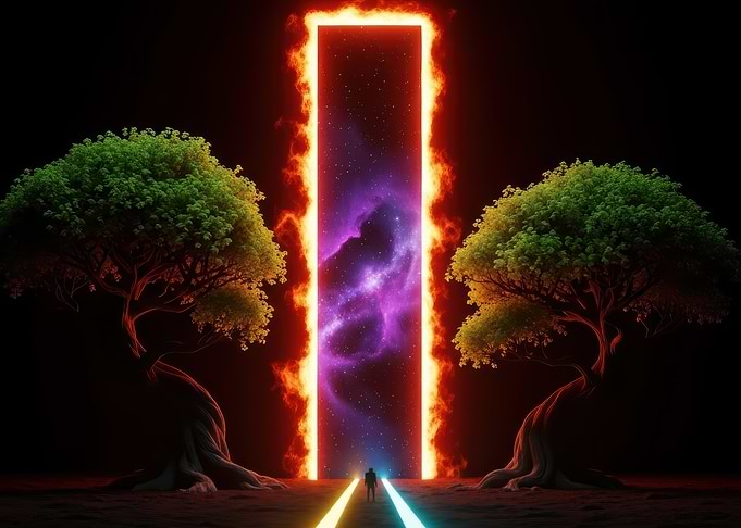Fiery Portal with Trees and Figure