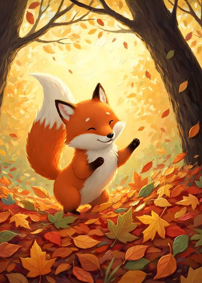 Cute Fox in the Forest with Autumn Leaves