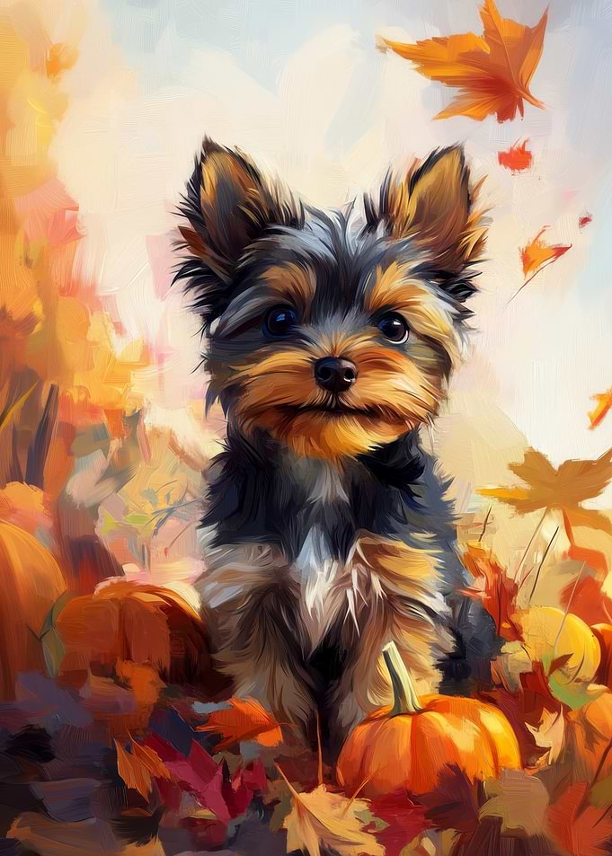 Yorkie Puppy in Autumn Leaves | Fall Dog Print