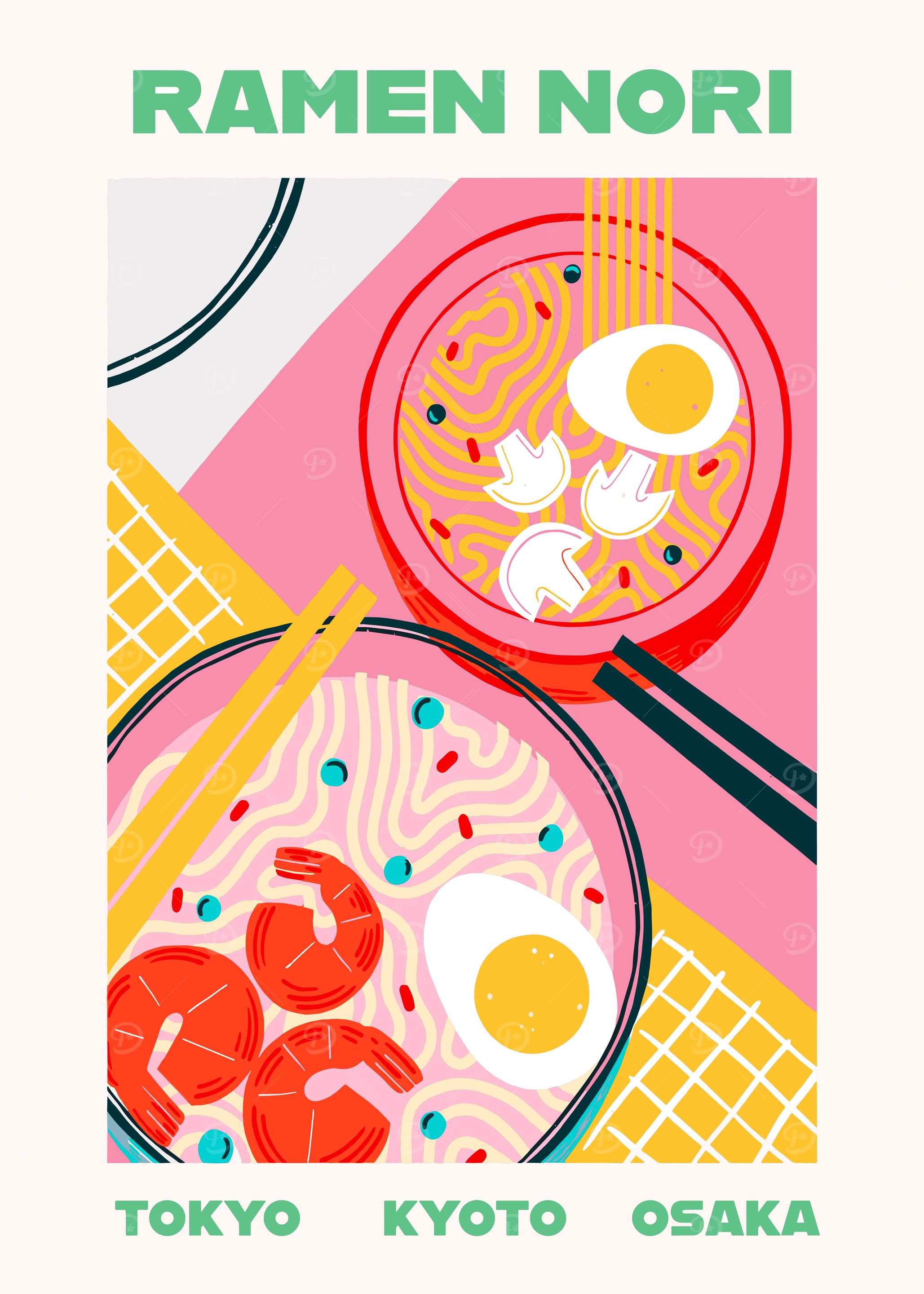 Ramen Nori Illustration with Tokyo, Kyoto, Osaka