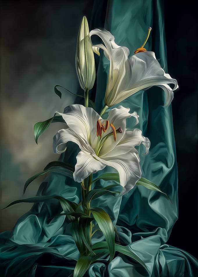 Elegant White Lilies with Teal Drapery